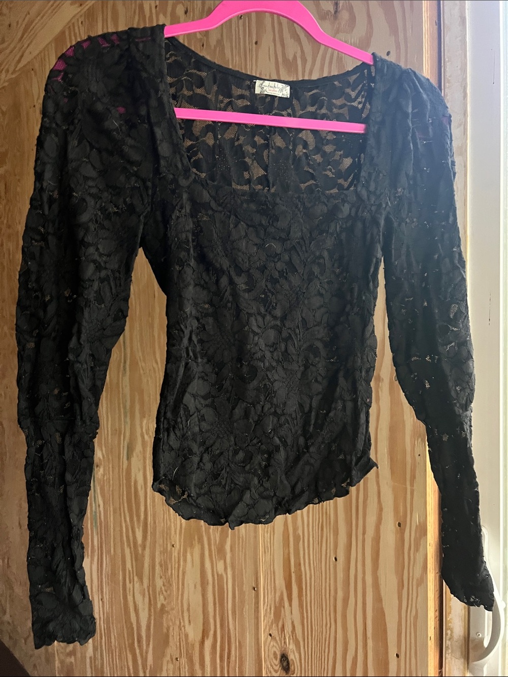 Sheer Black Lace Long-Sleeve Square-Neck Blouse